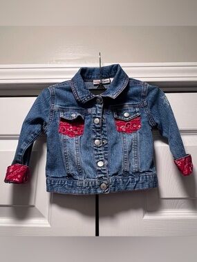Girls' Blue Denim Jacket with Red Bandana Details - Unbranded